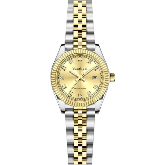 Women Silver Gold Watch with Stainless Steel Band and Calendar Water Resistant - Picture 1 of 10